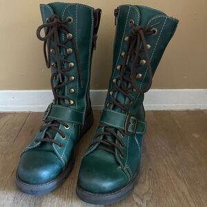 HTF Rate Fly London Lace Up Zip Calf Length Boots 40 9 9.5 Green Petrol Selu